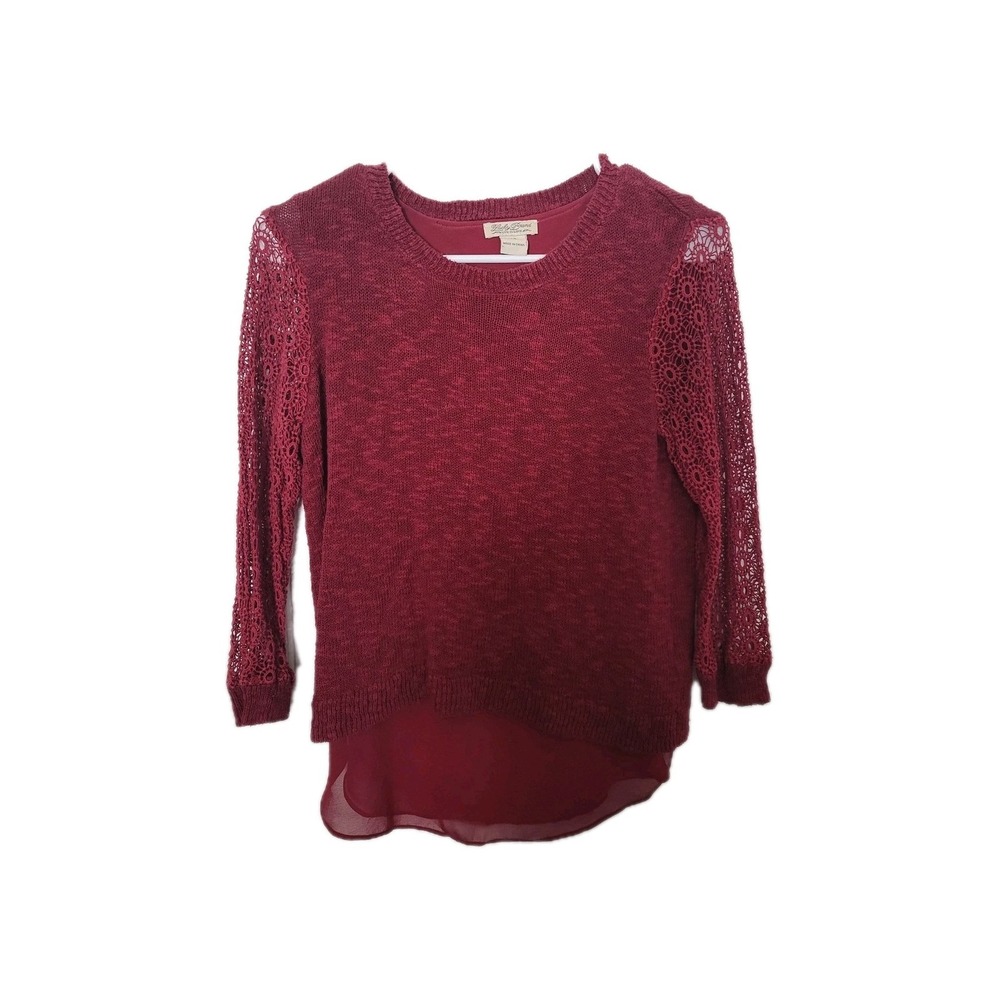 Lucky Brand Sweater Women XS Burgundy Crochet Lace Sleeve Split Back Linen Blend